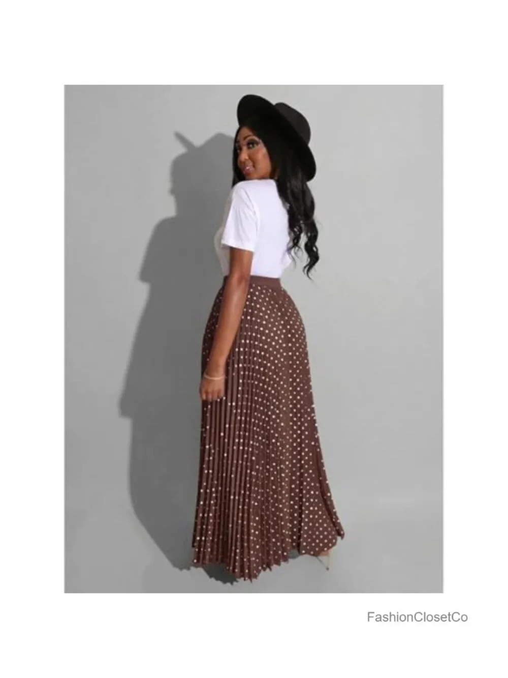 Women Pleated Maxi Skirt High Rise Polka Dot Long Skirt